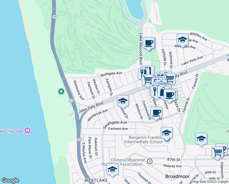 map of restaurants, bars, coffee shops, grocery stores, and more near 198 Glenwood Avenue in Daly City