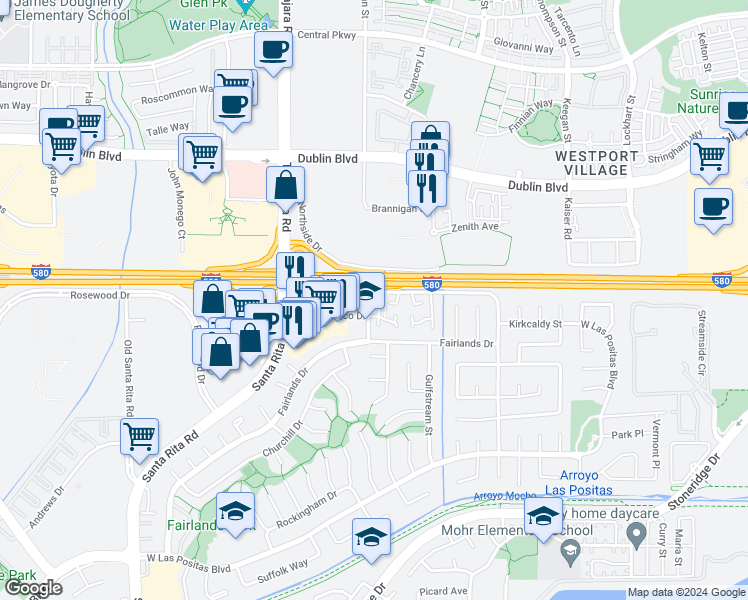 map of restaurants, bars, coffee shops, grocery stores, and more near 3873 Brockton Drive in Pleasanton