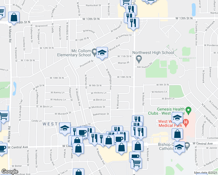 map of restaurants, bars, coffee shops, grocery stores, and more near 9101 West 9th Street North in Wichita