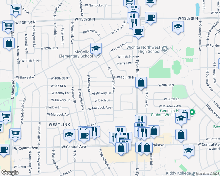 map of restaurants, bars, coffee shops, grocery stores, and more near 9111 West 9th Street North in Wichita