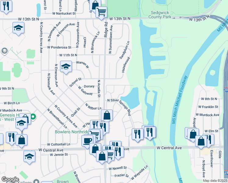 map of restaurants, bars, coffee shops, grocery stores, and more near 1010 North Ridge Road in Wichita