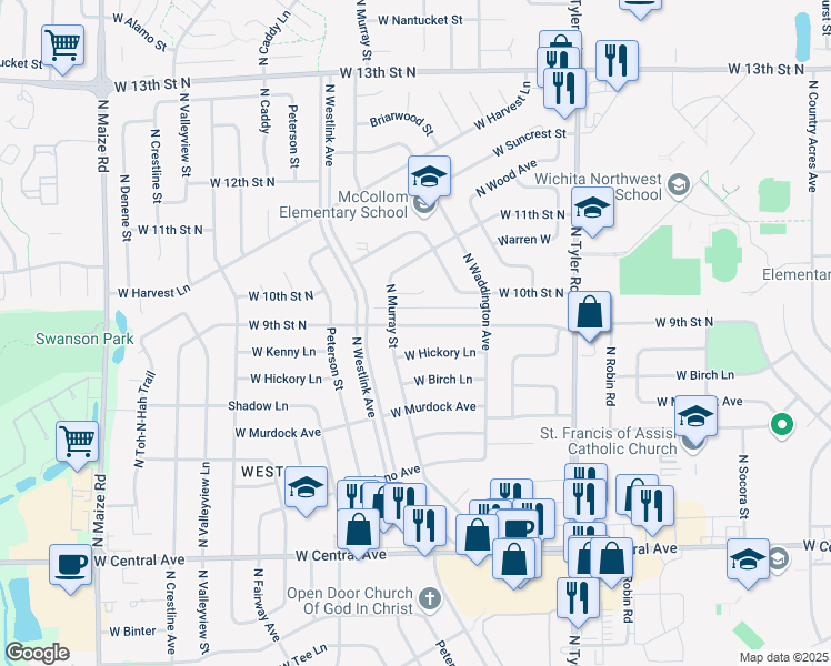 map of restaurants, bars, coffee shops, grocery stores, and more near 9318 W 9th St N in Wichita