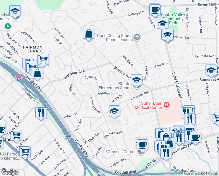 map of restaurants, bars, coffee shops, grocery stores, and more near 16648 Selby Drive in San Leandro