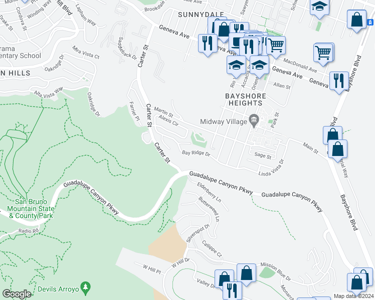 map of restaurants, bars, coffee shops, grocery stores, and more near in Daly City