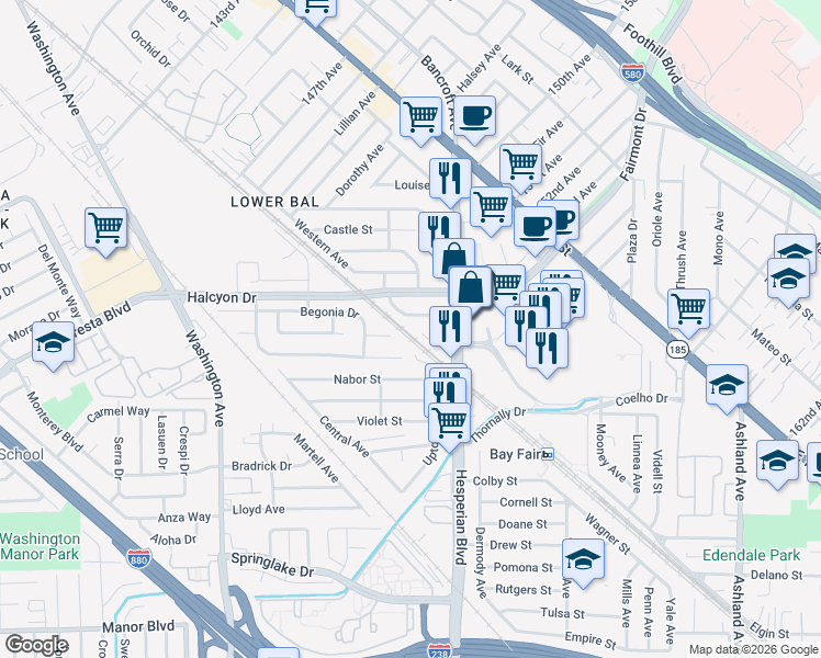 map of restaurants, bars, coffee shops, grocery stores, and more near 457 Ruth Court in San Leandro