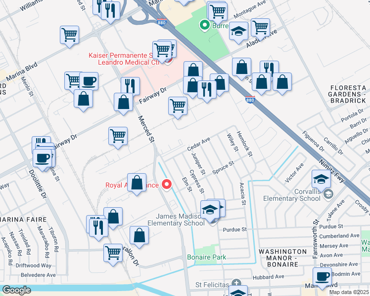 map of restaurants, bars, coffee shops, grocery stores, and more near 1733 Cedar Avenue in San Leandro