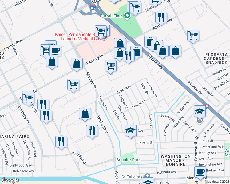 map of restaurants, bars, coffee shops, grocery stores, and more near 1733 Cedar Avenue in San Leandro