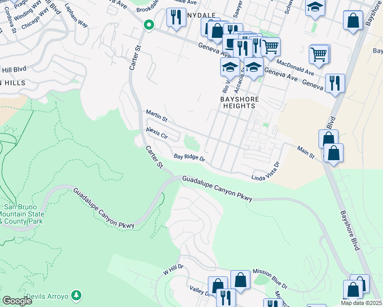 map of restaurants, bars, coffee shops, grocery stores, and more near 292 Bay Ridge Drive in Daly City