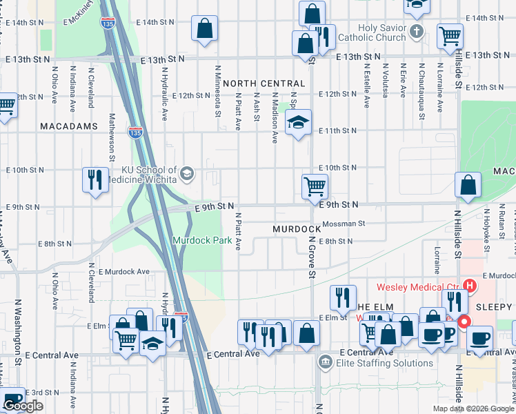 map of restaurants, bars, coffee shops, grocery stores, and more near 2810 East 9th Street North in Wichita
