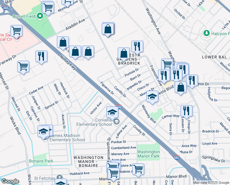 map of restaurants, bars, coffee shops, grocery stores, and more near 3560 Figueroa Drive in San Leandro