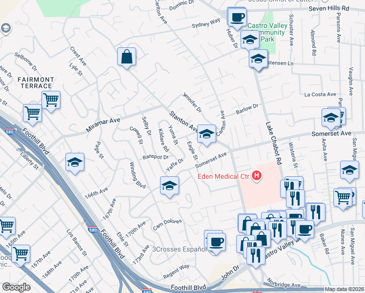 map of restaurants, bars, coffee shops, grocery stores, and more near 19524 Eagle Street in Castro Valley