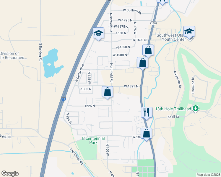 map of restaurants, bars, coffee shops, grocery stores, and more near 1335 Northfield Road in Cedar City