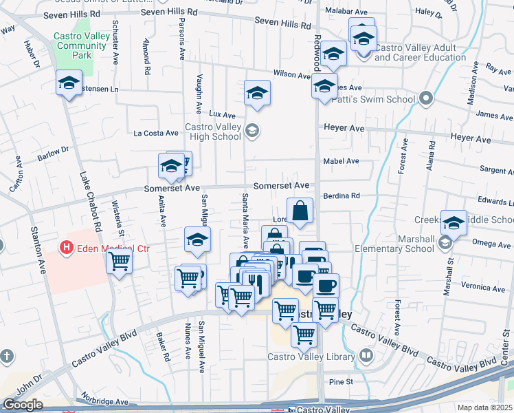 map of restaurants, bars, coffee shops, grocery stores, and more near 19960 Santa Maria Avenue in Castro Valley