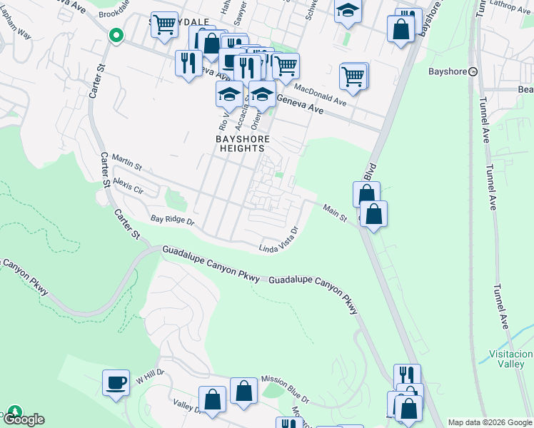 map of restaurants, bars, coffee shops, grocery stores, and more near 16 Brandon Court in Daly City