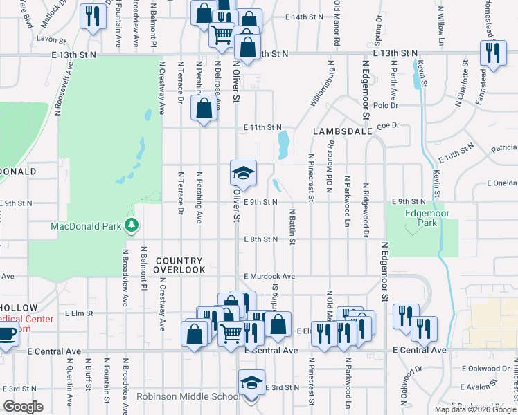 map of restaurants, bars, coffee shops, grocery stores, and more near 1002 Oliver in Wichita