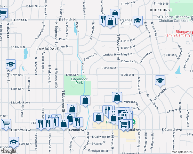 map of restaurants, bars, coffee shops, grocery stores, and more near 6021 E 9th Street North in Wichita
