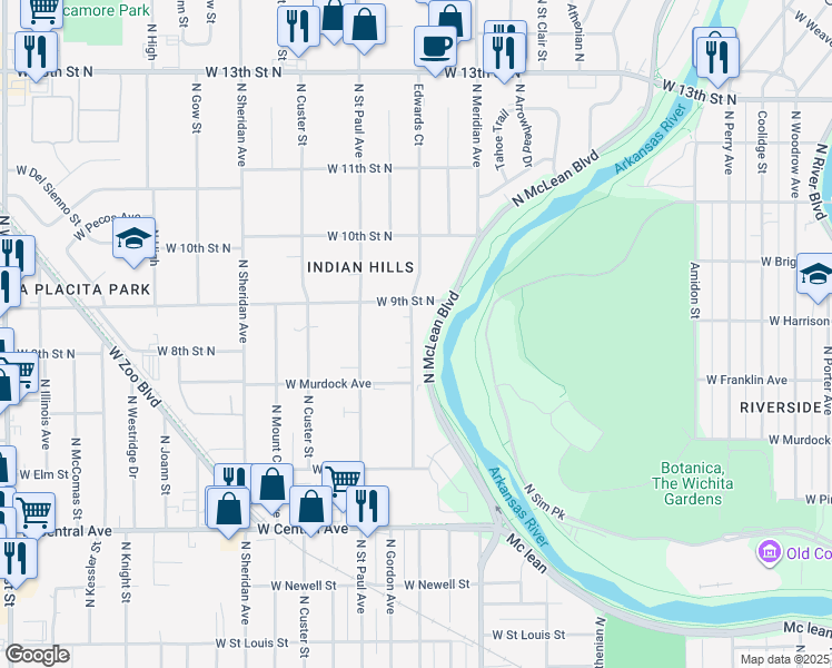 map of restaurants, bars, coffee shops, grocery stores, and more near 832 North Edwards in Wichita