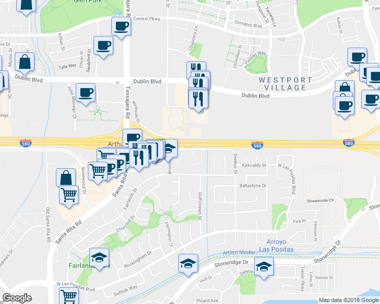 map of restaurants, bars, coffee shops, grocery stores, and more near 3892 Keneland Way in Pleasanton