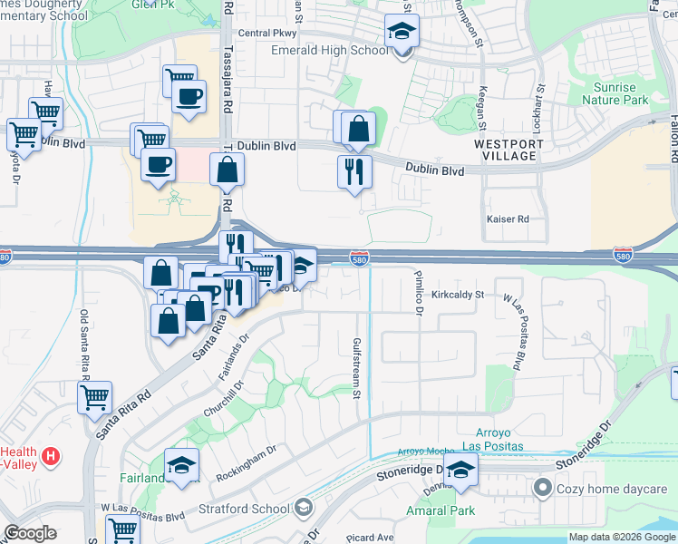 map of restaurants, bars, coffee shops, grocery stores, and more near 3892 Keneland Way in Pleasanton