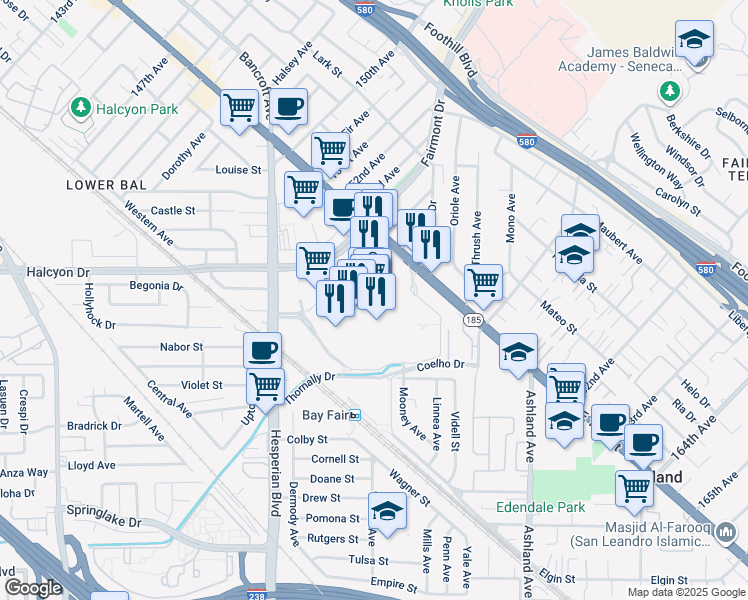 map of restaurants, bars, coffee shops, grocery stores, and more near 15555 East 14th Street in San Leandro