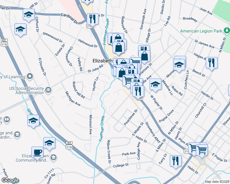 map of restaurants, bars, coffee shops, grocery stores, and more near 523 Washington Street in Elizabethtown