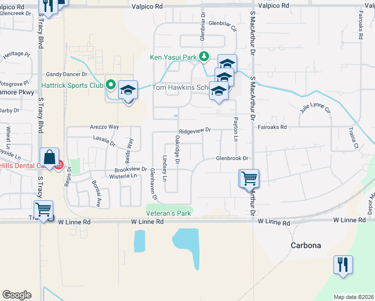 map of restaurants, bars, coffee shops, grocery stores, and more near 286 Christopher Michael Lane in Tracy