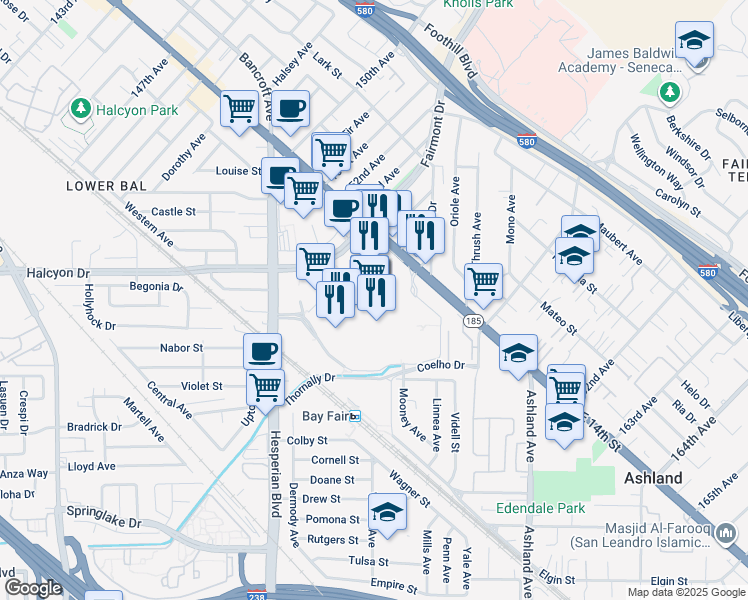 map of restaurants, bars, coffee shops, grocery stores, and more near 15555 East 14th Street in San Leandro