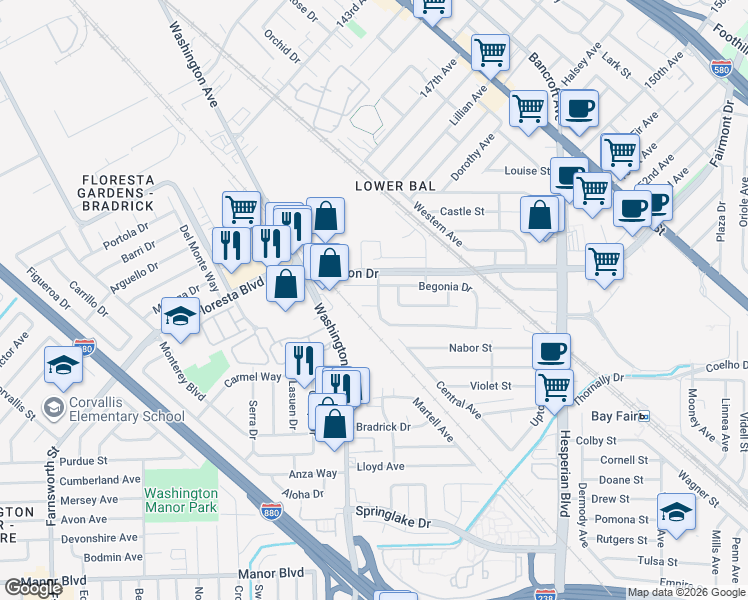 map of restaurants, bars, coffee shops, grocery stores, and more near 590 Dahlia Court in San Leandro