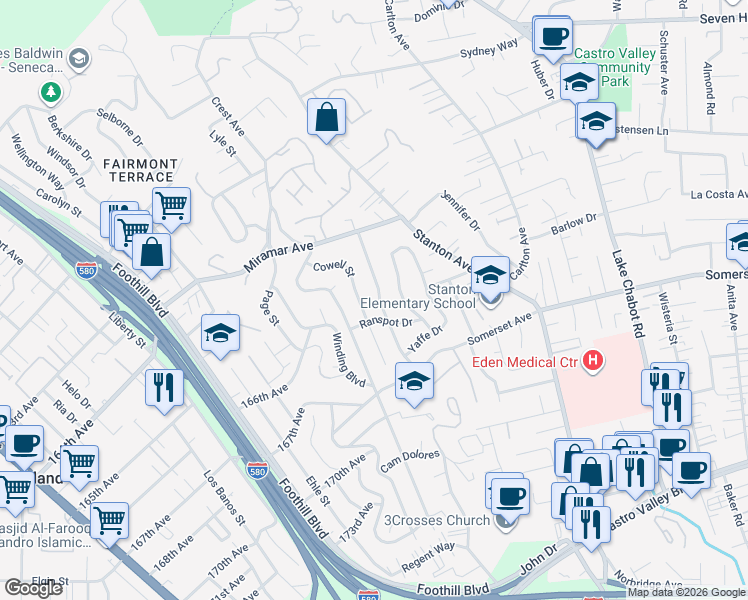 map of restaurants, bars, coffee shops, grocery stores, and more near 16651 Selby Drive in Castro Valley