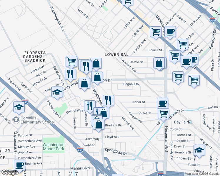 map of restaurants, bars, coffee shops, grocery stores, and more near 590 Dahlia Court in San Leandro
