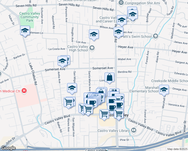 map of restaurants, bars, coffee shops, grocery stores, and more near 19960 Santa Maria Avenue in Castro Valley