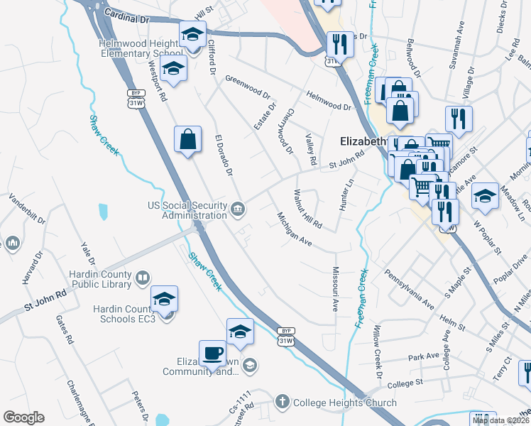 map of restaurants, bars, coffee shops, grocery stores, and more near 502 Delaware Court in Elizabethtown