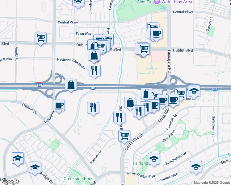 map of restaurants, bars, coffee shops, grocery stores, and more near 4410 Rosewood Drive in Pleasanton