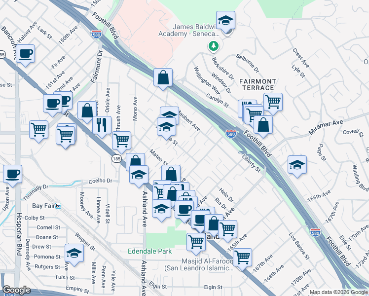 map of restaurants, bars, coffee shops, grocery stores, and more near 1616 Renaissance Lane in San Leandro