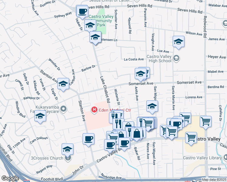 map of restaurants, bars, coffee shops, grocery stores, and more near 2981 Wisteria Lane in Castro Valley