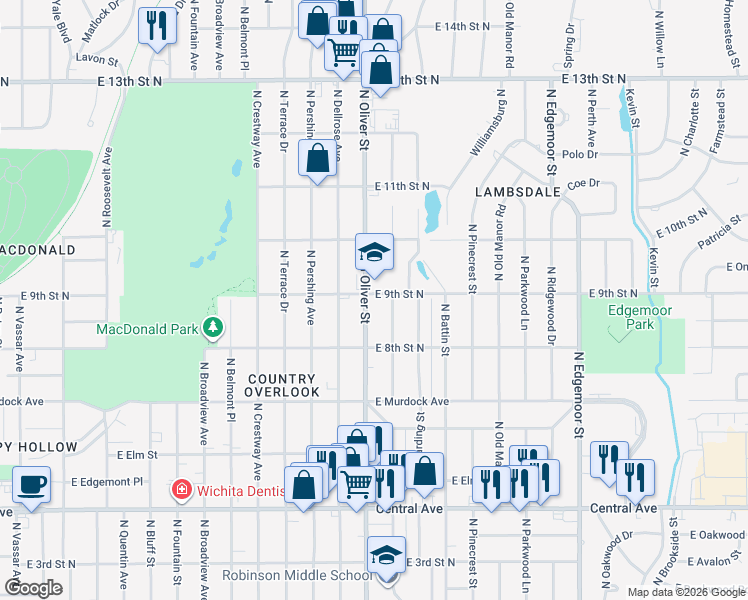 map of restaurants, bars, coffee shops, grocery stores, and more near 952 North Oliver Street in Wichita