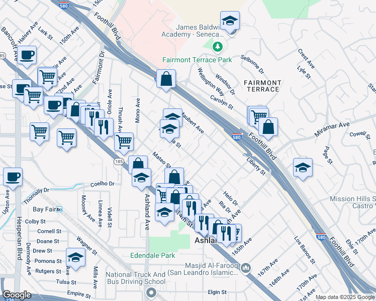 map of restaurants, bars, coffee shops, grocery stores, and more near 16028 Marcella Street in San Leandro
