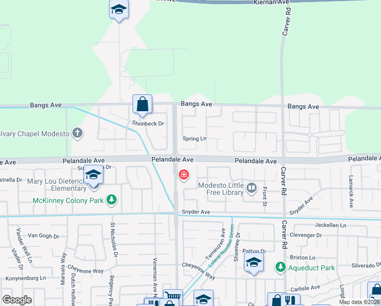 map of restaurants, bars, coffee shops, grocery stores, and more near 2012 Floral Court in Modesto