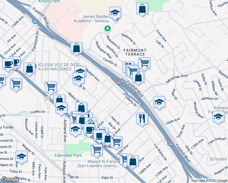 map of restaurants, bars, coffee shops, grocery stores, and more near 16226 Maubert Avenue in San Leandro