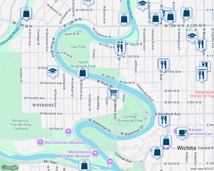map of restaurants, bars, coffee shops, grocery stores, and more near 928 West Riverside Avenue in Wichita