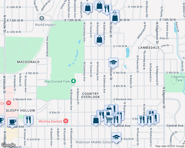 map of restaurants, bars, coffee shops, grocery stores, and more near 958 North Terrace Drive in Wichita