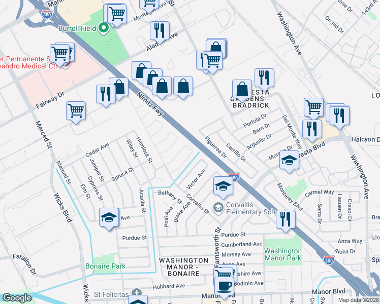 map of restaurants, bars, coffee shops, grocery stores, and more near 14631 Rollins Street in San Leandro