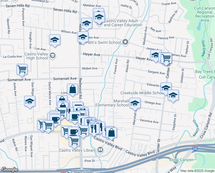map of restaurants, bars, coffee shops, grocery stores, and more near 19857 Forest Avenue in Castro Valley