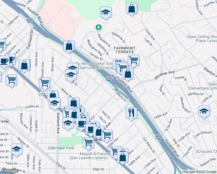 map of restaurants, bars, coffee shops, grocery stores, and more near 16226 Maubert Avenue in San Leandro