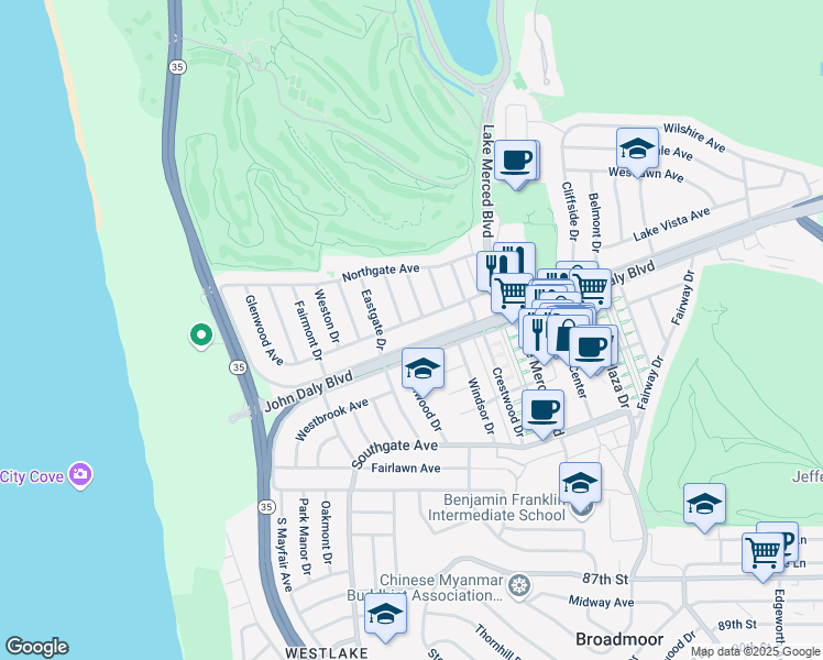 map of restaurants, bars, coffee shops, grocery stores, and more near 159 Glenwood Avenue in Daly City