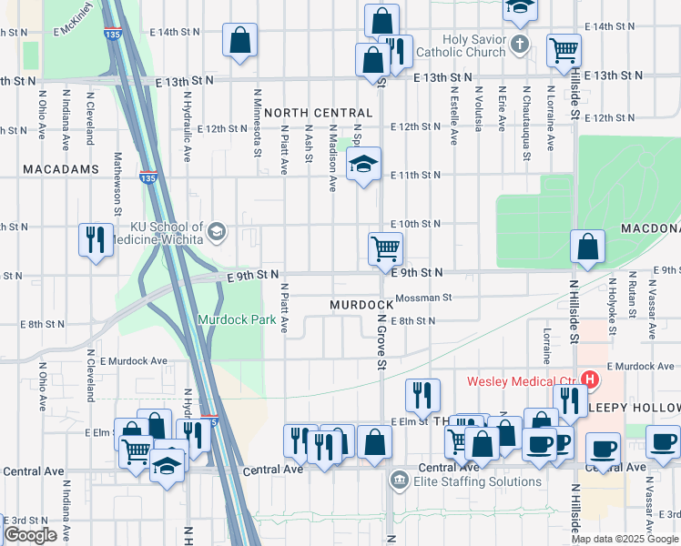map of restaurants, bars, coffee shops, grocery stores, and more near 2222 East 9th Street North in Wichita