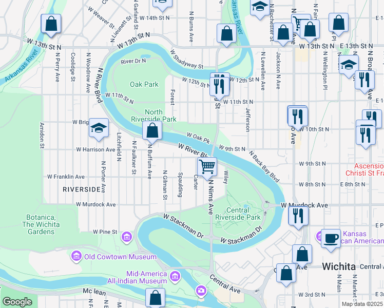 map of restaurants, bars, coffee shops, grocery stores, and more near 928 West Riverside Avenue in Wichita