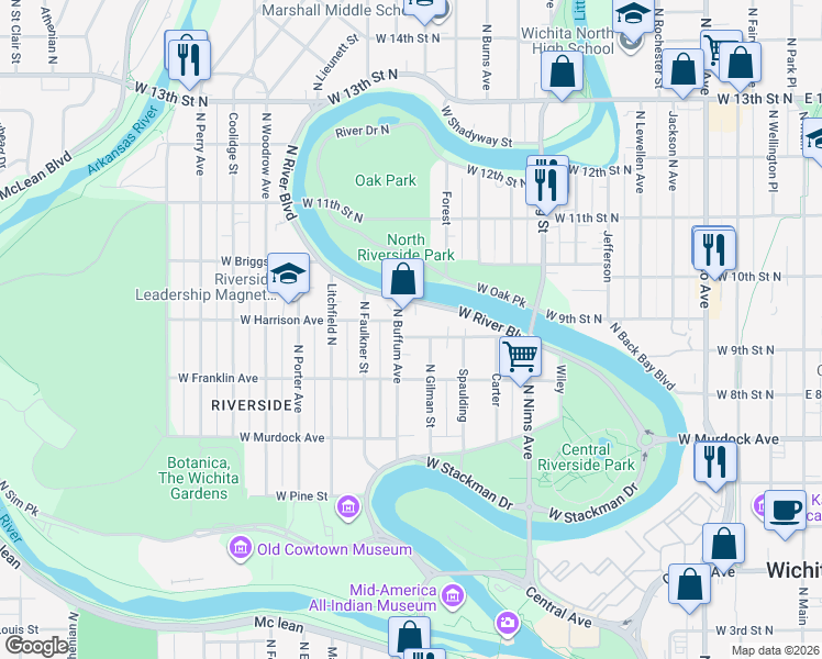 map of restaurants, bars, coffee shops, grocery stores, and more near 1204 West Riverside Avenue in Wichita