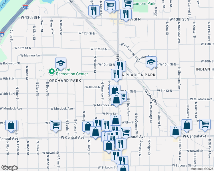 map of restaurants, bars, coffee shops, grocery stores, and more near 905 North Florence Street in Wichita