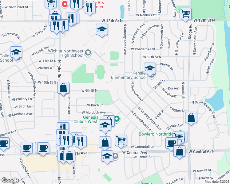 map of restaurants, bars, coffee shops, grocery stores, and more near 992 North Redbarn Lane in Wichita